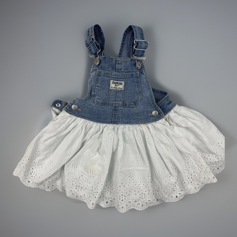 OshKosh B'gosh Overall Dress Girls 24M Denim White Cottagecore Eyelet Skirt